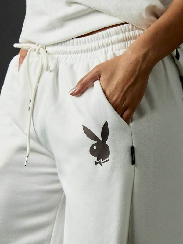 Missguided X Playboy White Wide Leg Joggers With Logo