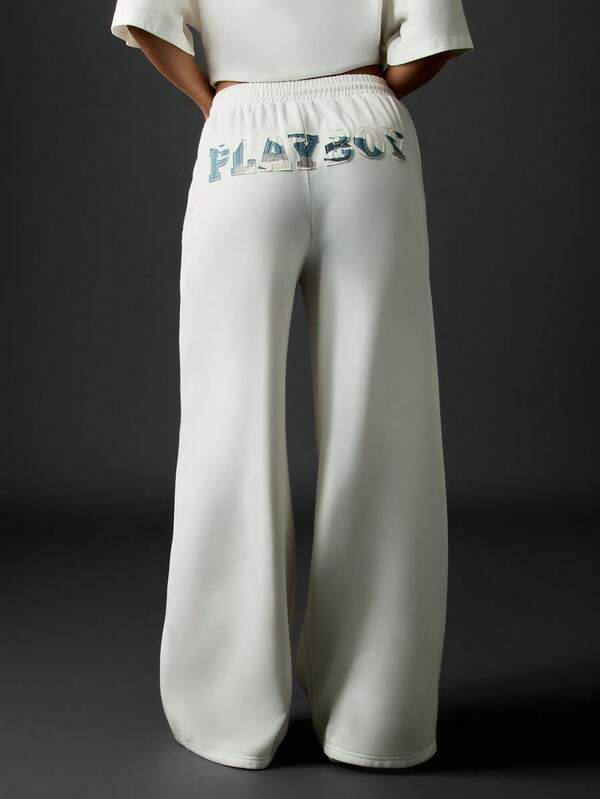 Missguided x Playboy White Wide Leg Joggers With Logo
