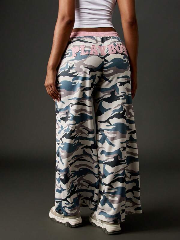 Missguided X Playboy Wide Leg Camo Print Joggers With Pink Waistband