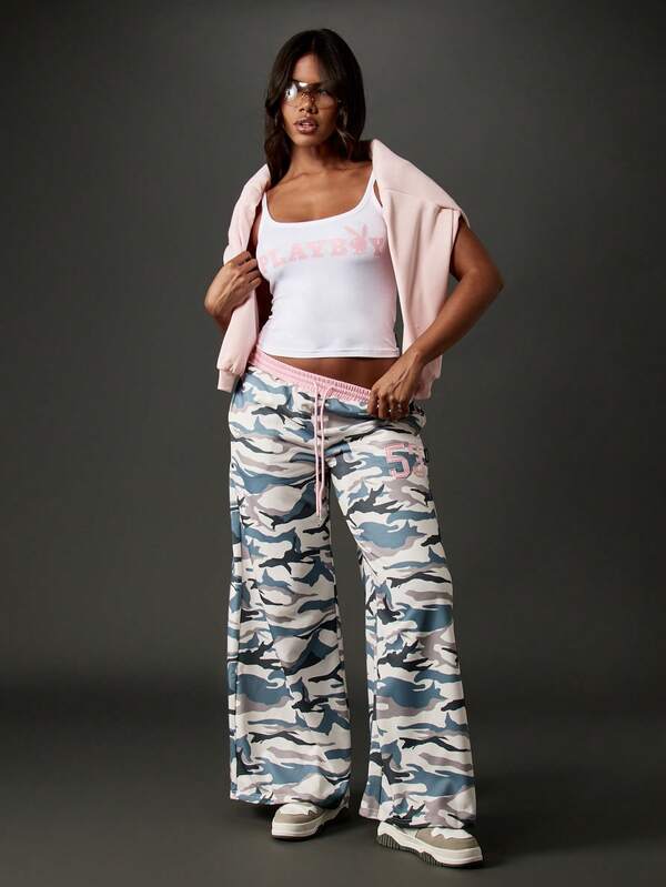 Missguided X Playboy Wide Leg Camo Print Joggers With Pink Waistband
