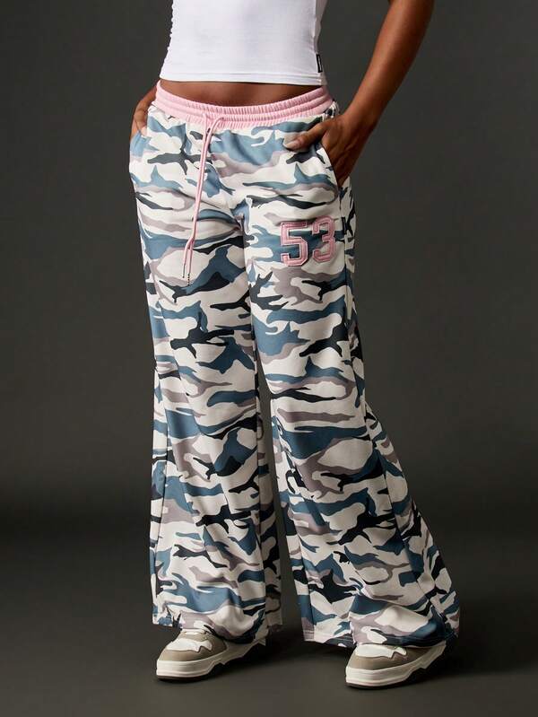 Missguided x Playboy Wide Leg Camo Print Joggers With Pink Waistband