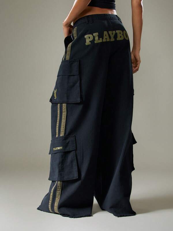 Missguided X Playboy Wide Leg Cargo Jeans With Stripe Details