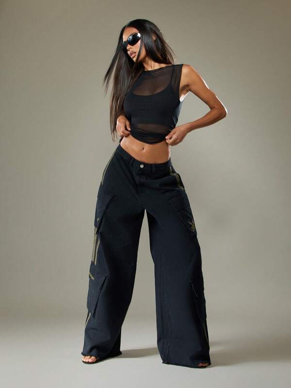 Missguided X Playboy Wide Leg Cargo Jeans With Stripe Details
