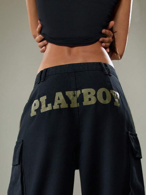 Missguided X Playboy Wide Leg Cargo Jeans With Stripe Details