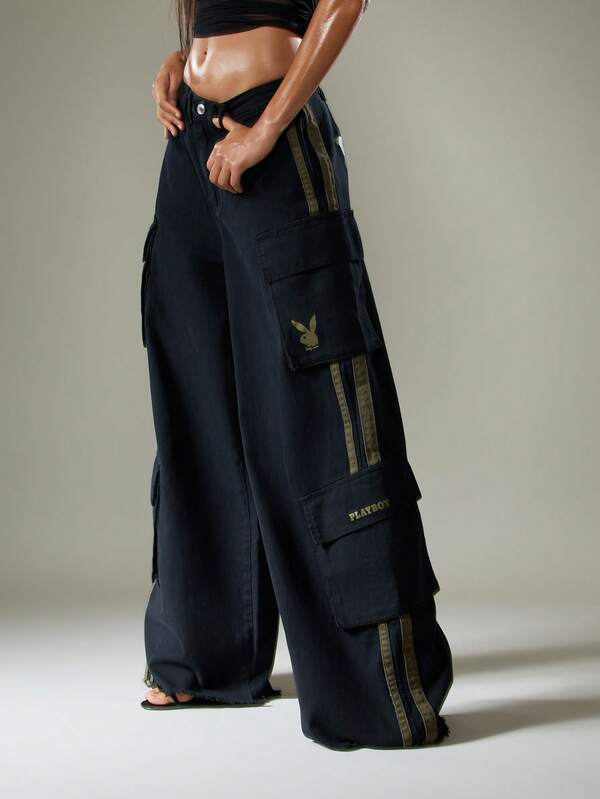 Missguided x Playboy Wide Leg Cargo Jeans With Stripe Details