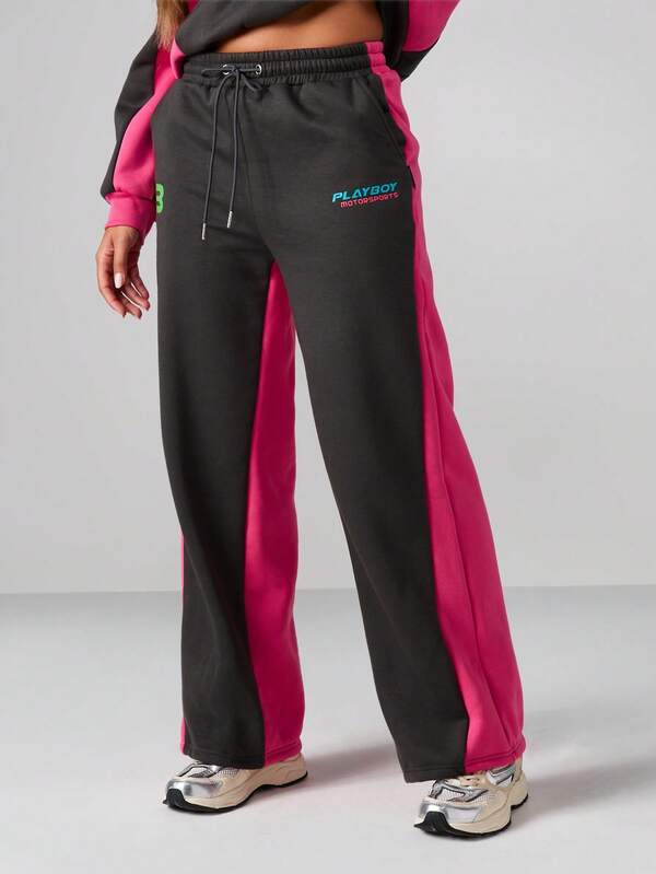 Missguided X Playboy Wide Leg Color Block Joggers With Drawstring Waist