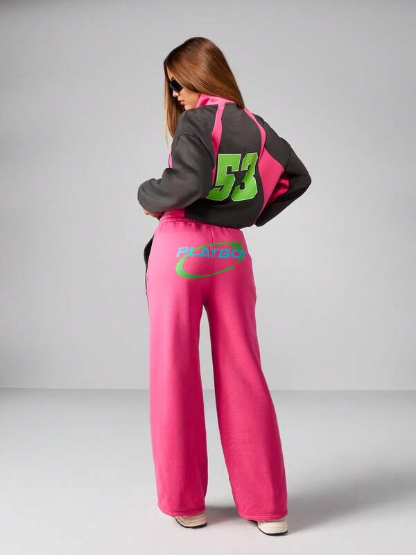 Missguided X Playboy Wide Leg Color Block Joggers With Drawstring Waist