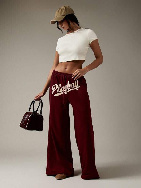 Missguided X Playboy Wide Leg Comfortable Sweatpants With Drawstring Waist