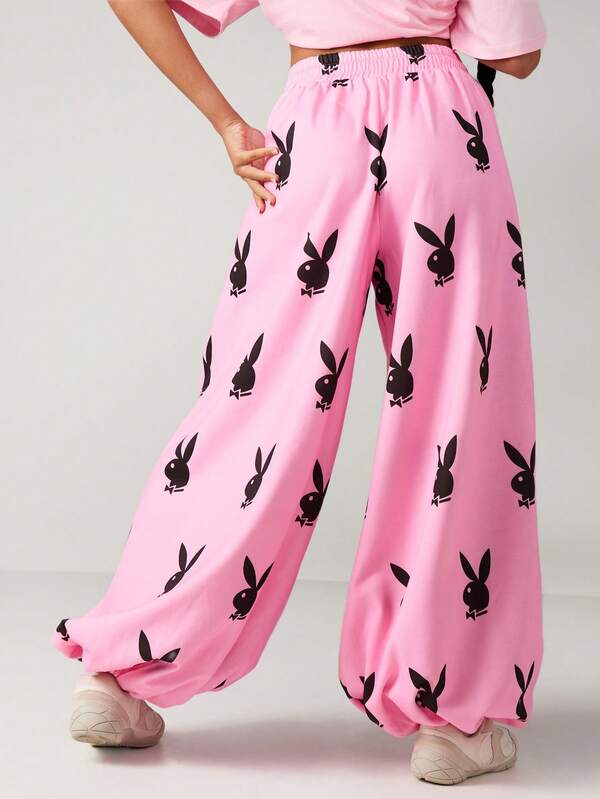Missguided X Playboy Wide Leg Cuffed Joggers With Bunny Print