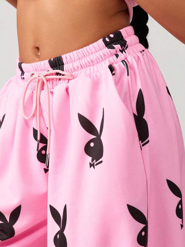 Missguided X Playboy Wide Leg Cuffed Joggers With Bunny Print