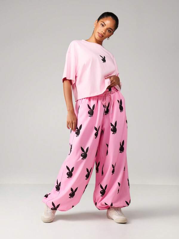 Missguided X Playboy Wide Leg Cuffed Joggers With Bunny Print