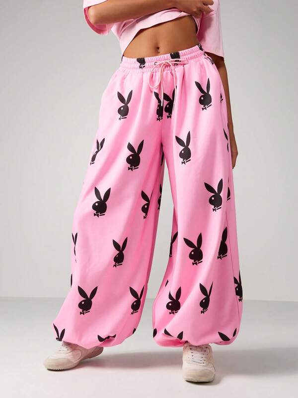 Missguided x Playboy Wide Leg Cuffed Joggers With Bunny Print