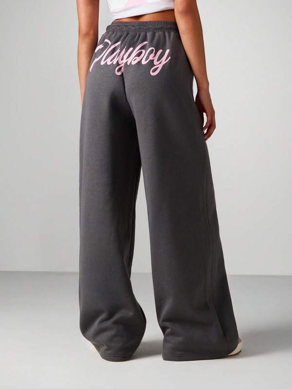 Missguided X Playboy Wide Leg Drawstring Sweatpants With Lace Stripe Detail