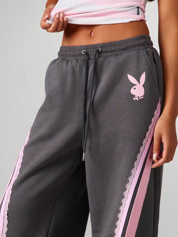 Missguided X Playboy Wide Leg Drawstring Sweatpants With Lace Stripe Detail