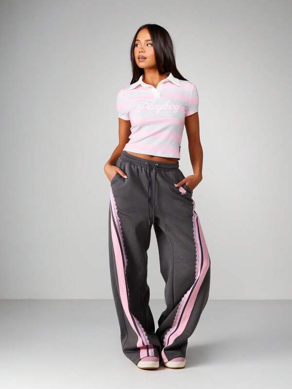 Missguided X Playboy Wide Leg Drawstring Sweatpants With Lace Stripe Detail
