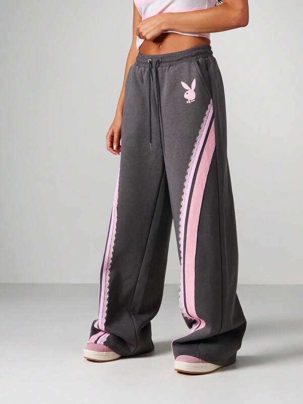 Missguided x Playboy Wide Leg Drawstring Sweatpants With Lace Stripe Detail