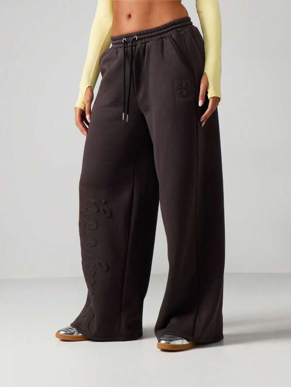 Missguided X Playboy Wide Leg Embossed Joggers With Drawstring