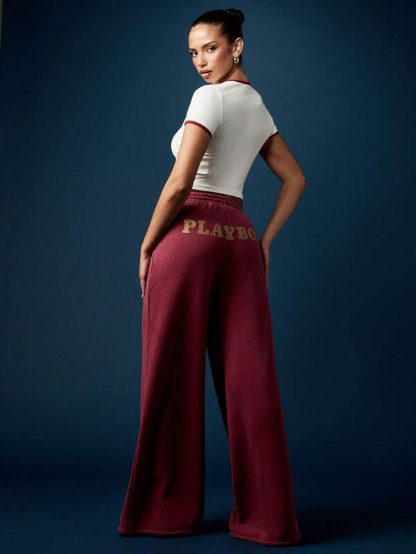 Missguided x Playboy Wide Leg Flared Jogger Pants With Side Pockets
