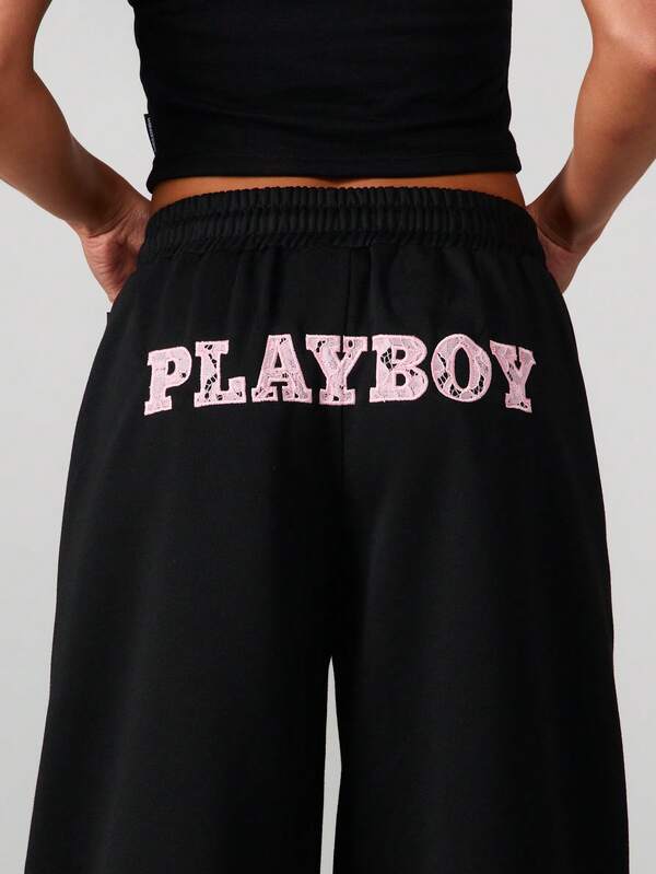Missguided X Playboy Wide Leg Fleece Joggers With Lace Applique