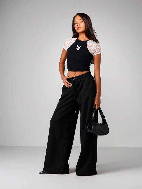Missguided X Playboy Wide Leg Fleece Joggers With Lace Applique