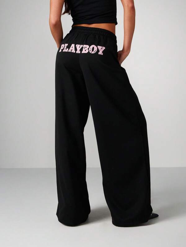 Missguided x Playboy Wide Leg Fleece Joggers With Lace Applique