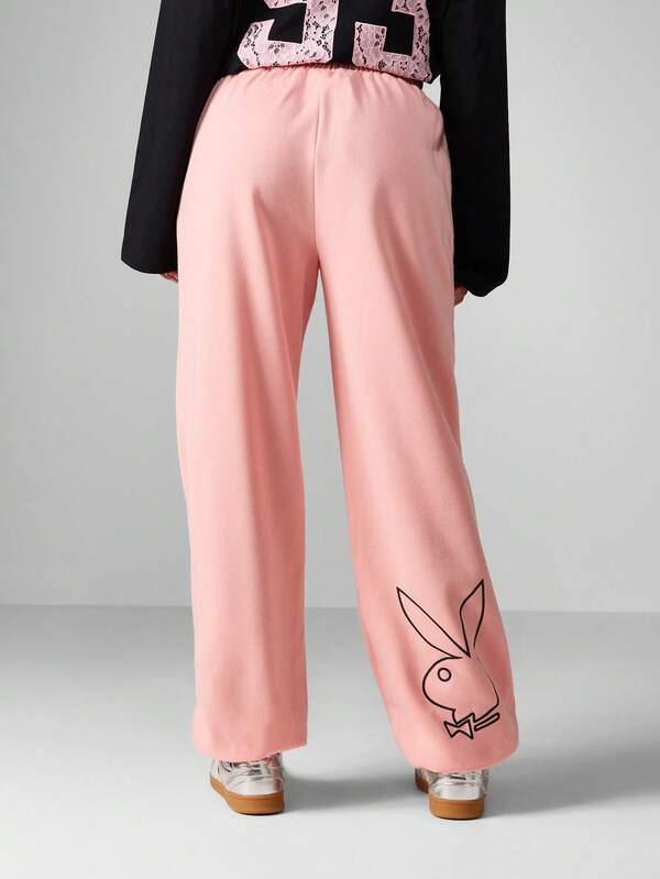 Missguided X Playboy Wide Leg Fleece Pants With Bunny Logo And Script Design