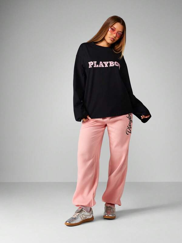 Missguided X Playboy Wide Leg Fleece Pants With Bunny Logo And Script Design