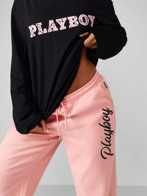 Missguided X Playboy Wide Leg Fleece Pants With Bunny Logo And Script Design