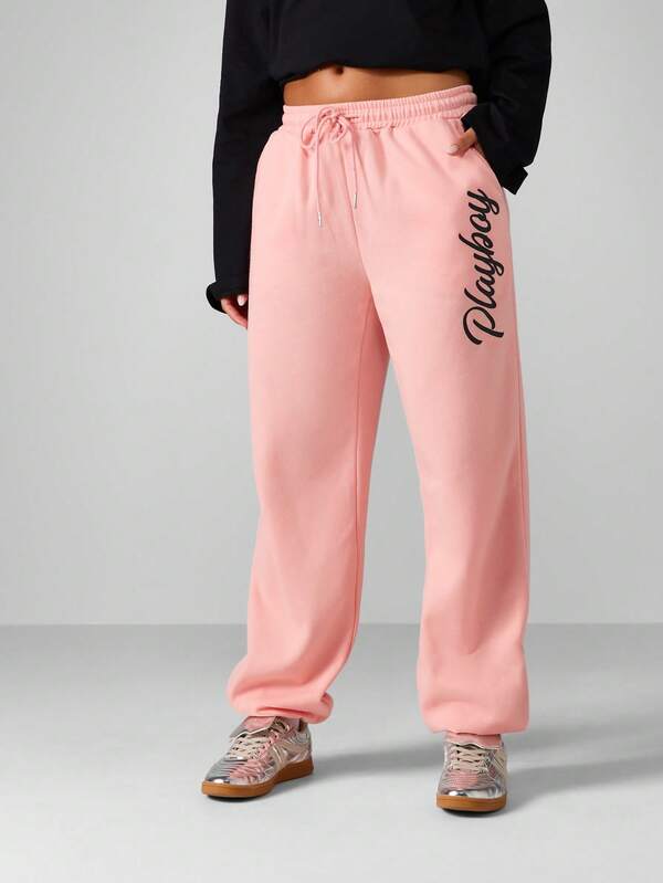 Missguided x Playboy Wide Leg Fleece Pants With Bunny Logo And Script Design