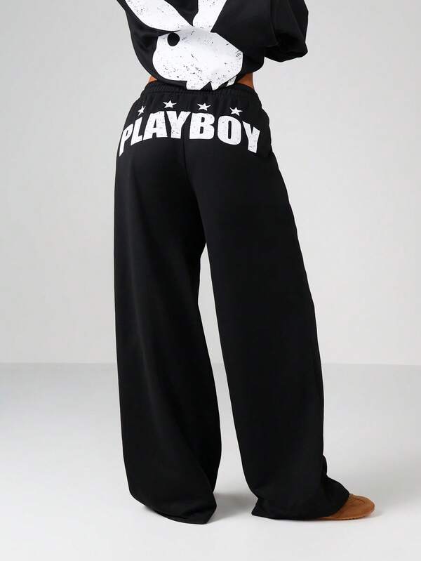 Missguided X Playboy Wide Leg Fleece Pants With Graphic Print