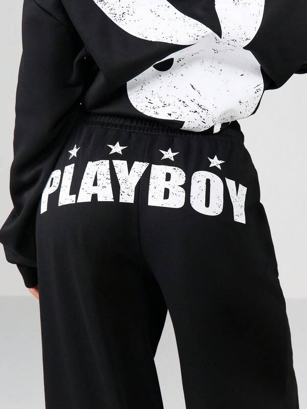 Missguided X Playboy Wide Leg Fleece Pants With Graphic Print