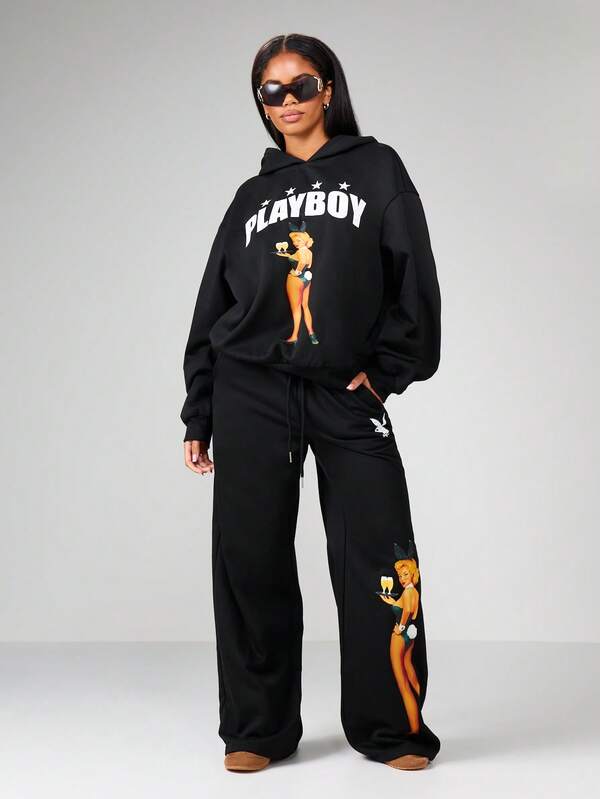 Missguided X Playboy Wide Leg Fleece Pants With Graphic Print