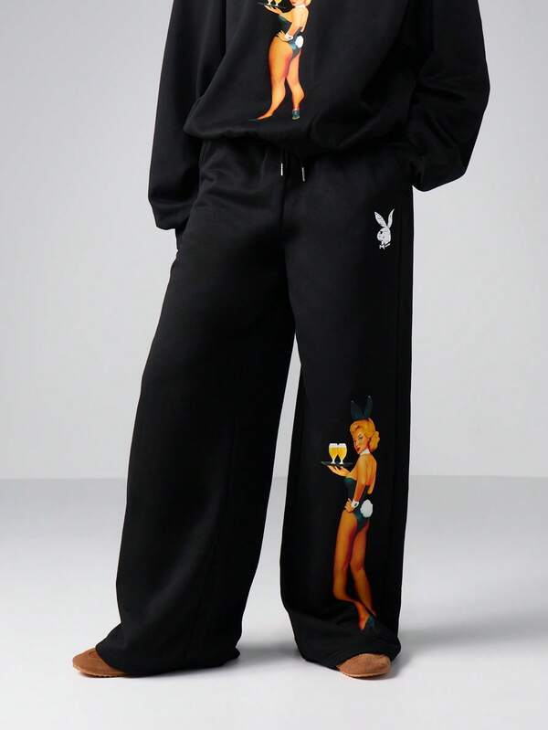 Missguided x Playboy Wide Leg Fleece Pants With Graphic Print