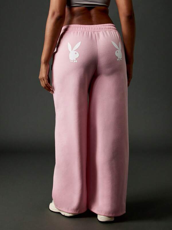 Missguided X Playboy Wide Leg Fleece Sweatpants With Elastic Waistband And Logo