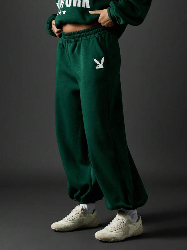 Missguided x Playboy Wide Leg Fleece Sweatpants With Bunny Logo
