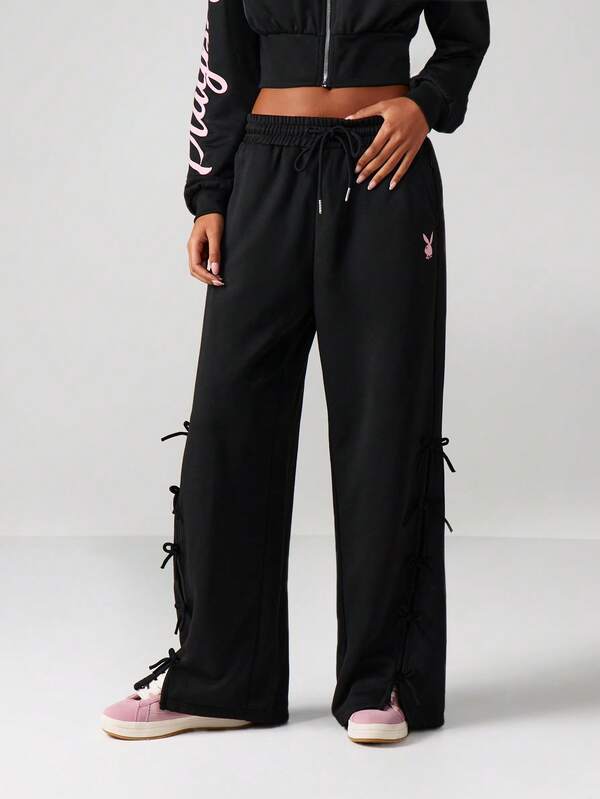 Missguided X Playboy Wide Leg Graphic Joggers With Lace Up Details