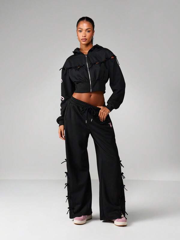 Missguided X Playboy Wide Leg Graphic Joggers With Lace Up Details