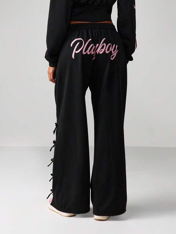 Missguided x Playboy Wide Leg Graphic Joggers With Lace Up Details