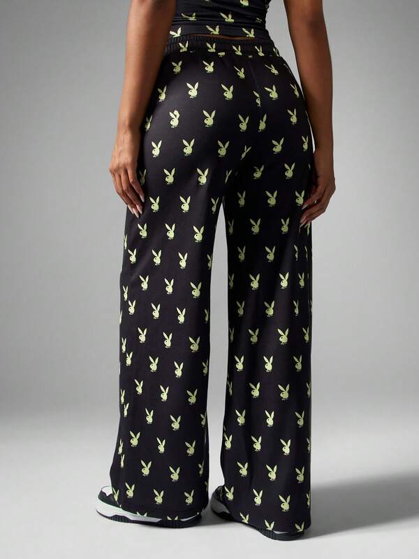 Missguided X Playboy Wide Leg Jogger Pants With Bunny Print