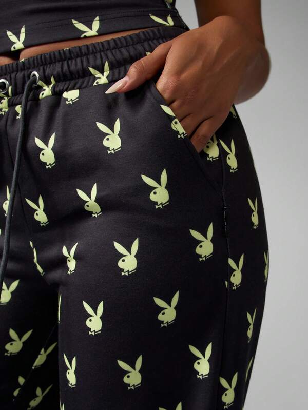 Missguided X Playboy Wide Leg Jogger Pants With Bunny Print