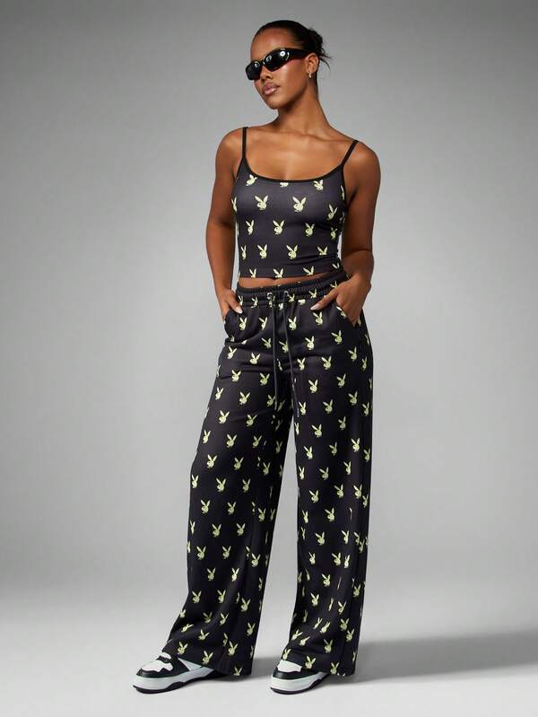 Missguided X Playboy Wide Leg Jogger Pants With Bunny Print
