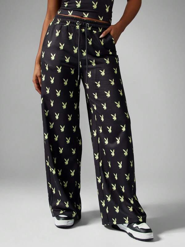 Missguided x Playboy Wide Leg Jogger Pants With Bunny Print