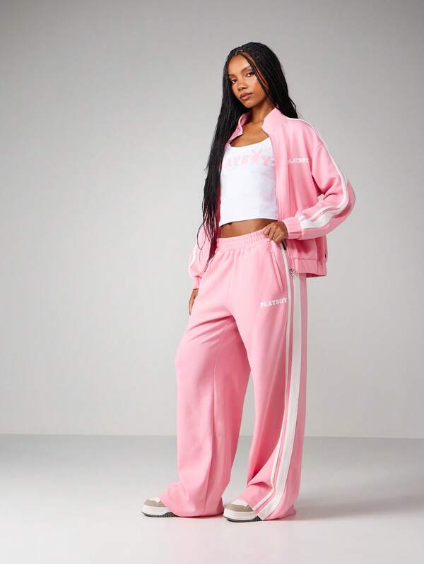 Missguided X Playboy Wide Leg Jogger Sweatpants With Side Stripes