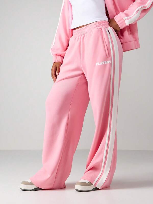 Missguided x Playboy Wide Leg Jogger Sweatpants With Side Stripes