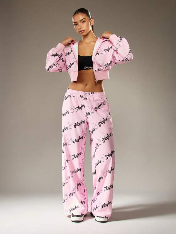 Missguided X Playboy Wide Leg Joggers With Allover Bunny Logo Print