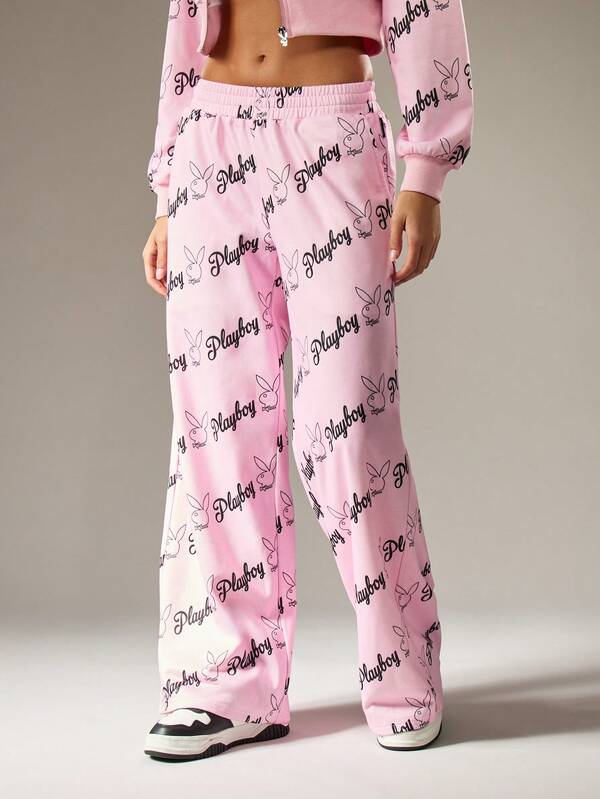 Missguided x Playboy Wide Leg Joggers With Allover Bunny Logo Print