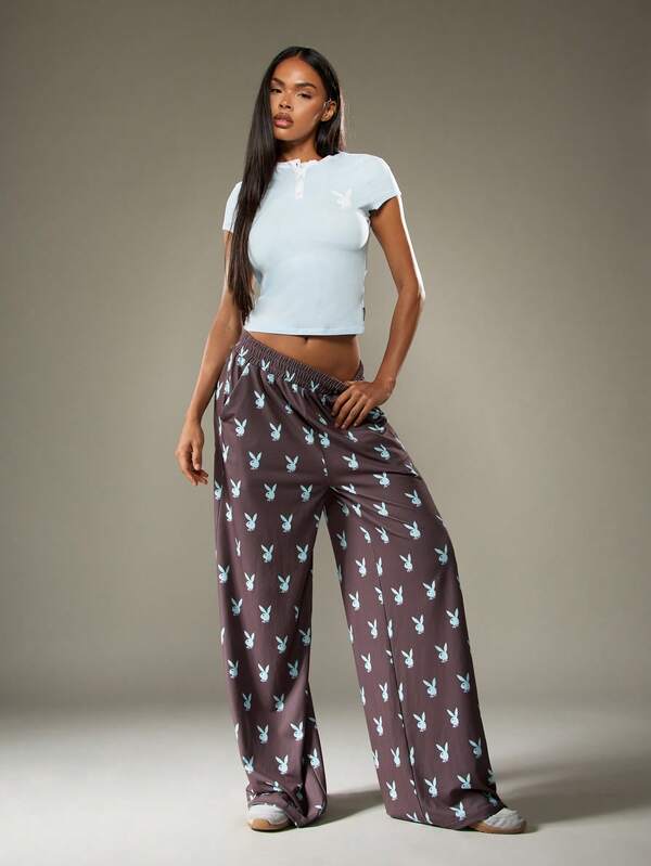 Missguided X Playboy Wide Leg Joggers With Bunny Print