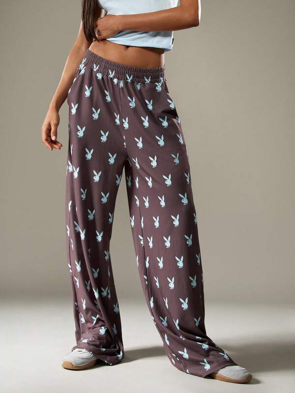 Missguided x Playboy Wide Leg Joggers With Bunny Print
