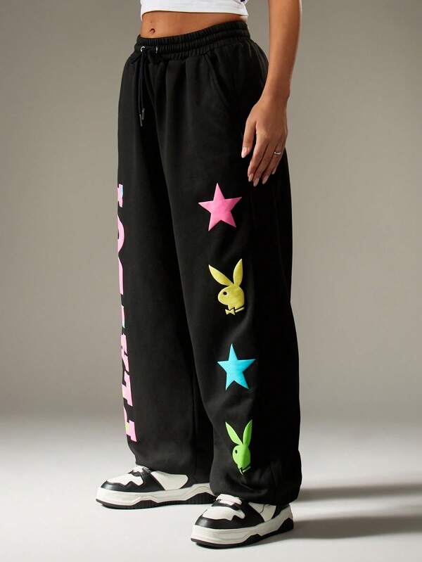 Missguided X Playboy Wide Leg Joggers With Colorful Graphics