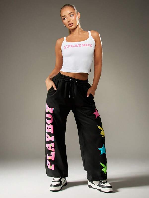 Missguided x Playboy Wide Leg Joggers With Colorful Graphics